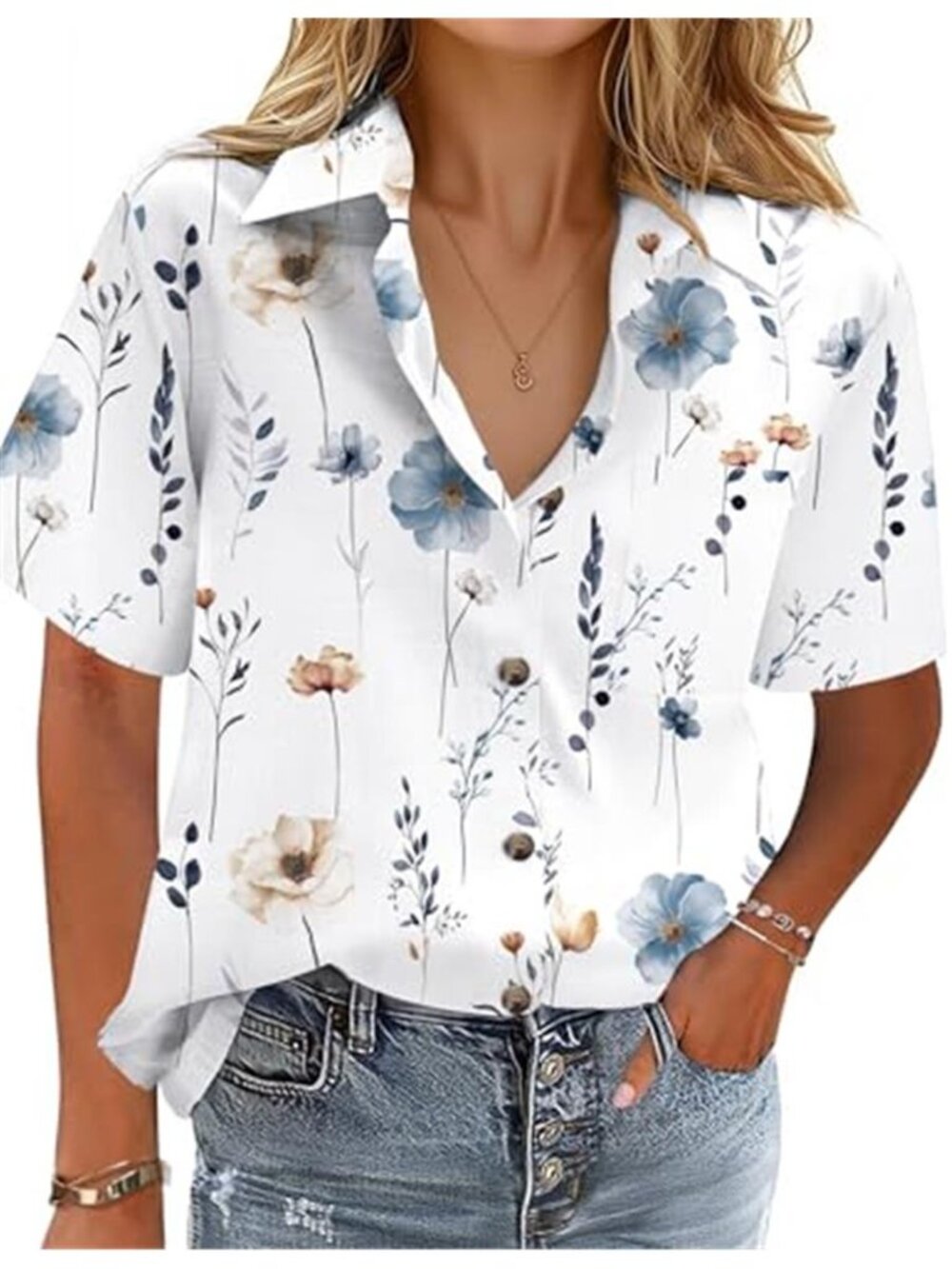 Womens Cotton Linen Button Up Shirt V Neck Short Sleeve Casual Blouse Top